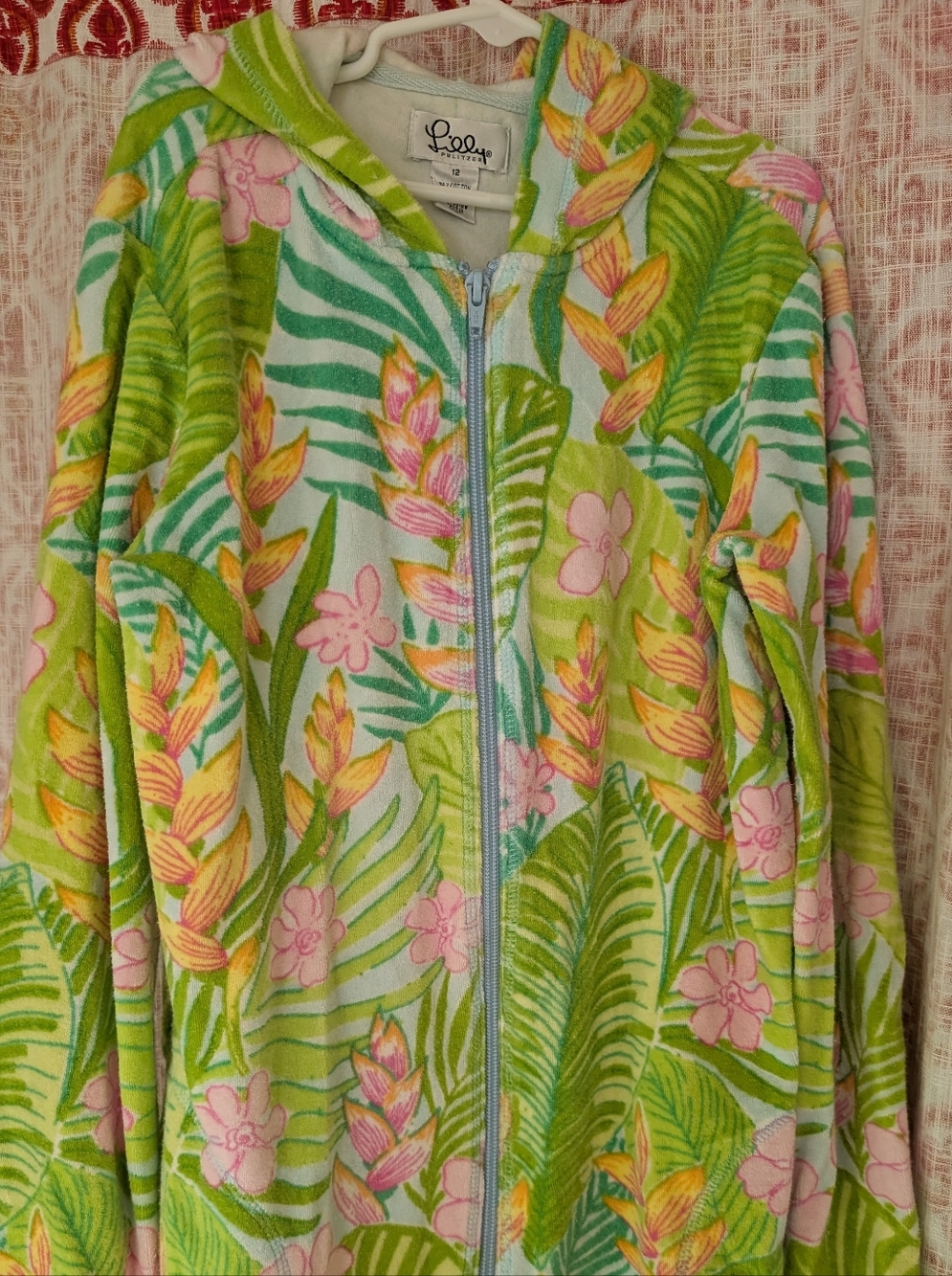 Lilly Pulitzer Green Tropical Zip-Up Terry Jacket w Pink & Yellow Floral Size 12